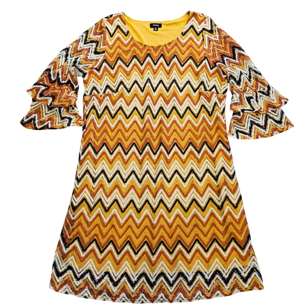Tacera Womens 2X Chevron Crochet Lace Ruffle Bell‎ Sleeve Shift Dress Yellow